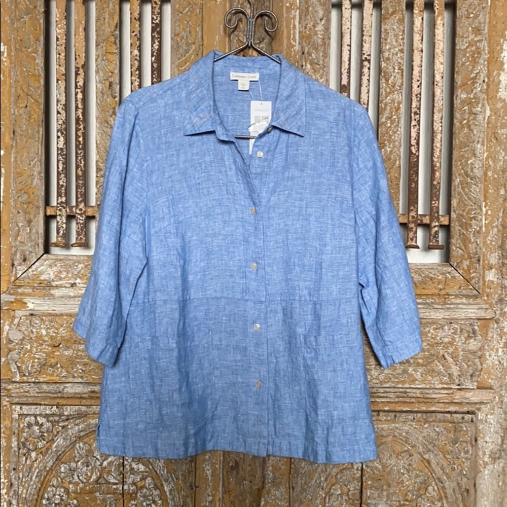 COLDWATER CREEK LINEN FRESHWATER BLUE BLOUSE PXL